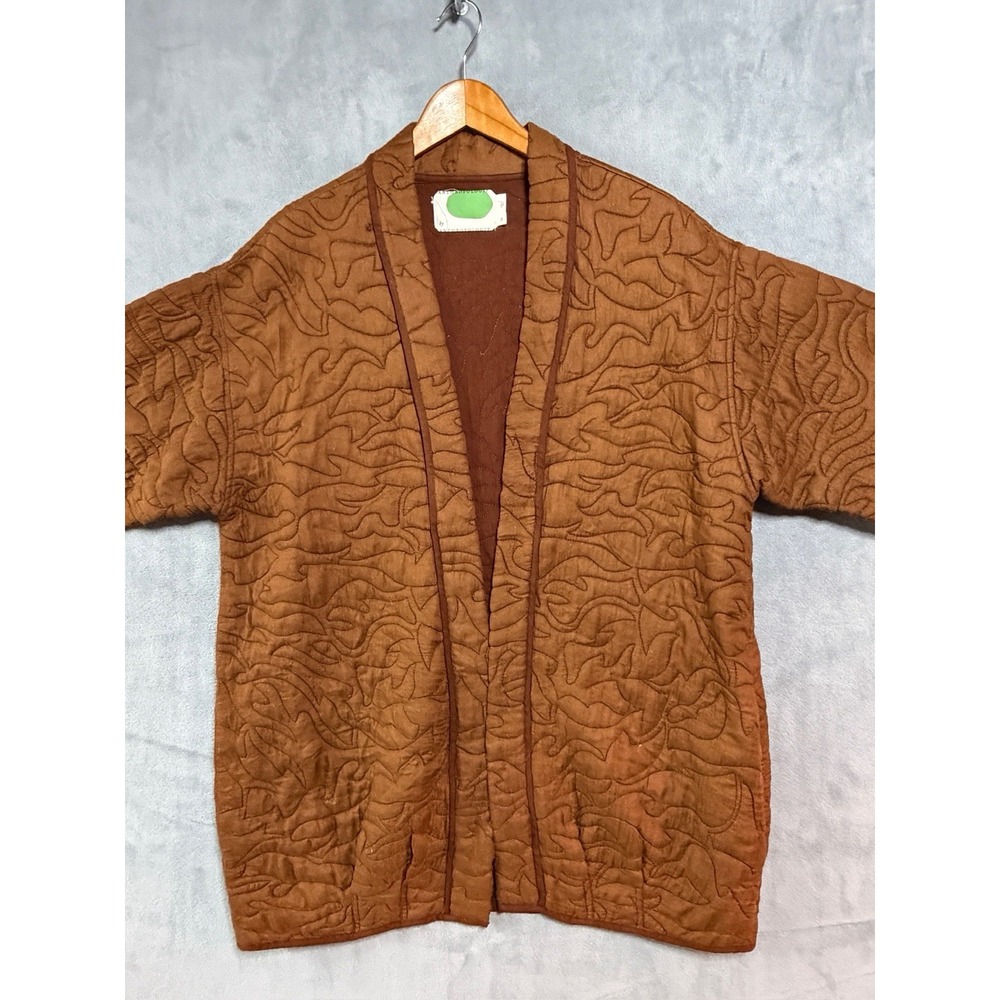 Anthropologie Jacket Womens XL Brown Quilted Collarless Kimono Open Front Lined